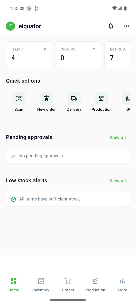 flowscan home screen with stock counters and quick actions