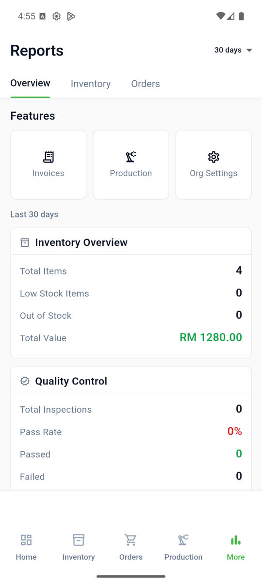 Reports and settings menu