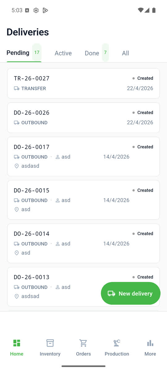 Deliveries list
